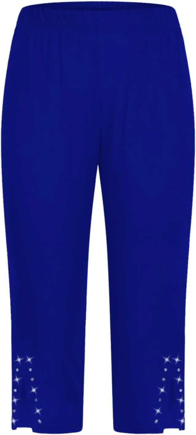 Capri Leggings for Women High Waisted Rhinestone Trim Stretch Workout Yoga Capris Comfy Gym Compression Joggers Pants