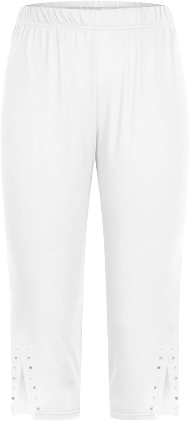 Capri Leggings for Women High Waisted Rhinestone Trim Stretch Workout Yoga Capris Comfy Gym Compression Joggers Pants