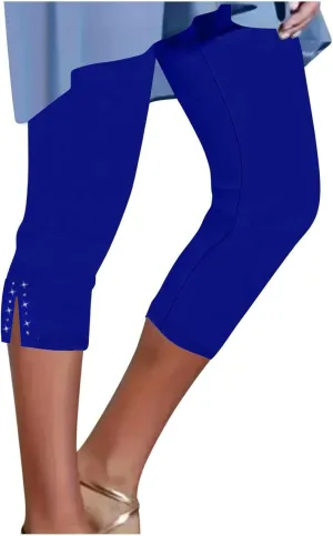 Capri Leggings for Women High Waisted Rhinestone Trim Stretch Workout Yoga Capris Comfy Gym Compression Joggers Pants