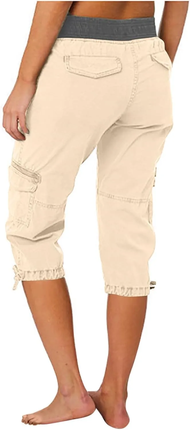 Cargo Capri Pants Women Plus Size Elastic Waist Drawstring Adjustable Legs Summer Casual Comfy Hiking Capris