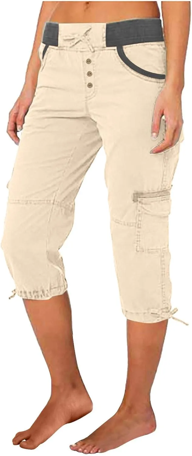 Cargo Capri Pants Women Plus Size Elastic Waist Drawstring Adjustable Legs Summer Casual Comfy Hiking Capris