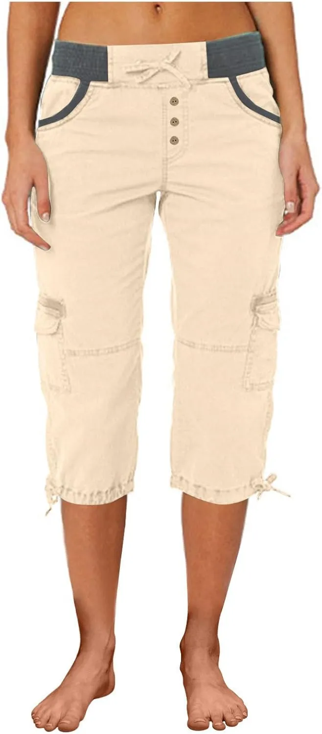 Cargo Capri Pants Women Plus Size Elastic Waist Drawstring Adjustable Legs Summer Casual Comfy Hiking Capris