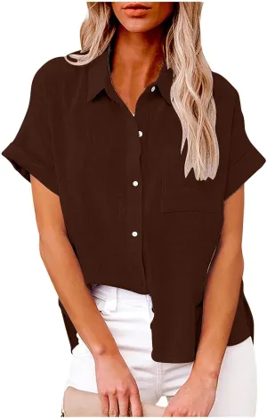 Ceboyel Women Cotton Linen Summer Shirts Collared Button Down Blouses Gauze Short Sleeve Tops Causal Ladies Outfits 2023