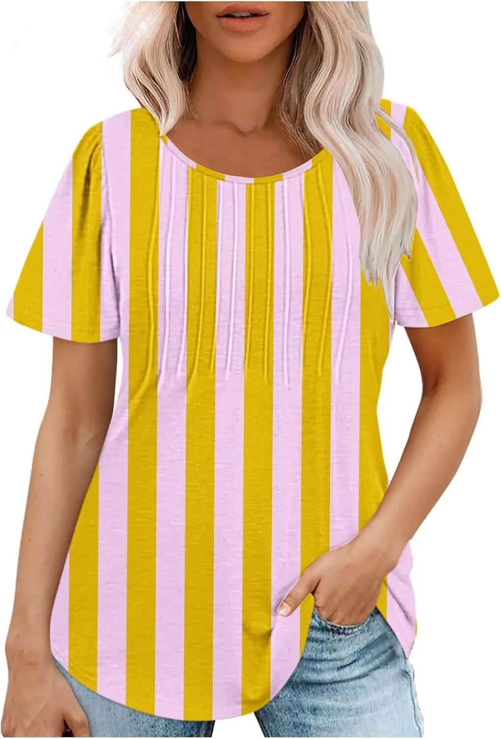Ceboyel Womens Boho Summer Tops 2024 Pleated Scoop Neck T Shirts Loose Fit Floral Blouse Dressy Casual Ladies Trendy Clothing