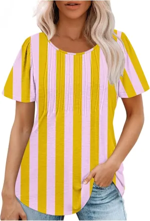 Ceboyel Womens Boho Summer Tops 2024 Pleated Scoop Neck T Shirts Loose Fit Floral Blouse Dressy Casual Ladies Trendy Clothing