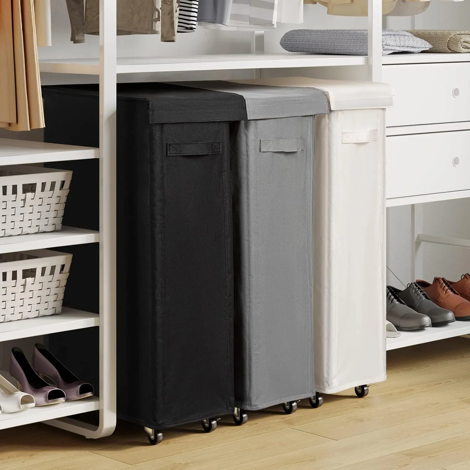 Chrislley 65L Slim Laundry Hamper with Lid Narrow Rolling Laundry Basket with Wheels Upgrade Foldable Dirty Clothes Hamper Portable Skinny Hamper Storage Bins (27.56 inches, Beige)