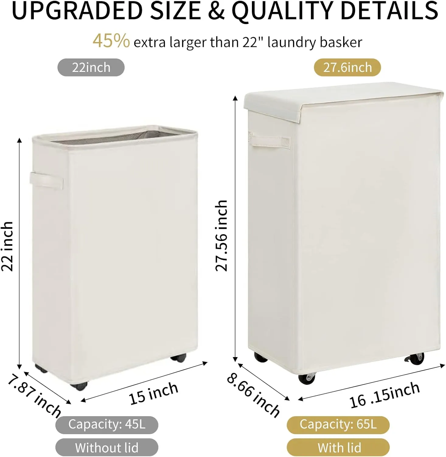 Chrislley 65L Slim Laundry Hamper with Lid Narrow Rolling Laundry Basket with Wheels Upgrade Foldable Dirty Clothes Hamper Portable Skinny Hamper Storage Bins (27.56 inches, Beige)