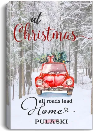 Christmas Canvas Wall Art 16"x24" for Home Decor Pulaski Tennessee TN State - at Christmas All Roads Lead Home with Merry Christmas Red Truck and Snow Decorated Tree
