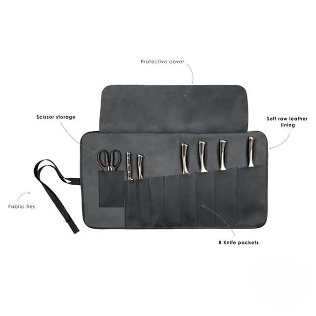 Classic Black Knife Roll Bag Leather