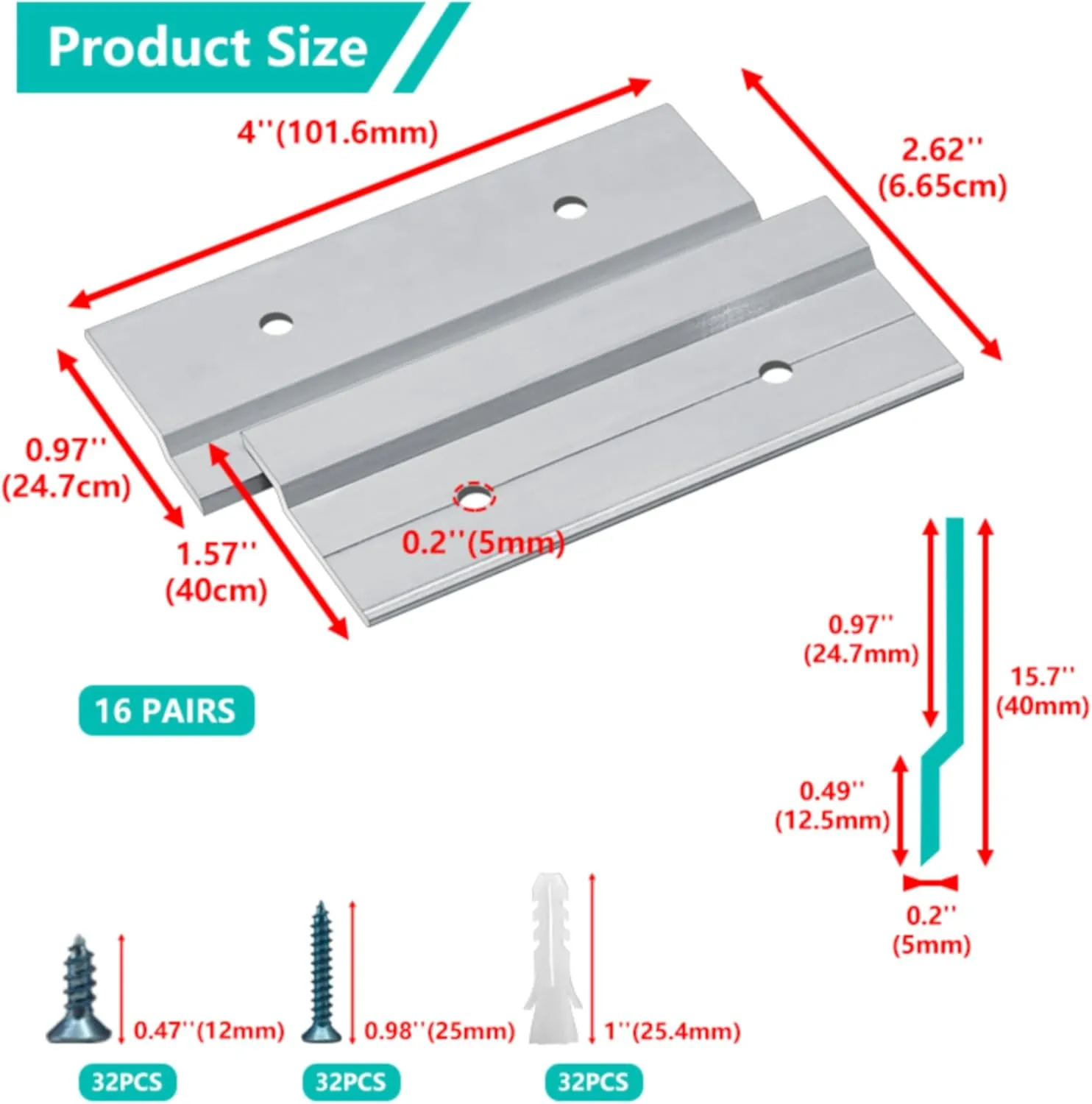 Cleat Picture Hanger Hardware Kit - 16 Pairs 4'' Aluminum Z Hanger Wall Mount Bracket Kit, Interlocking Z Clips for Hanging Wall Art, Mirrors, Panels, Cabinets, Whiteboards