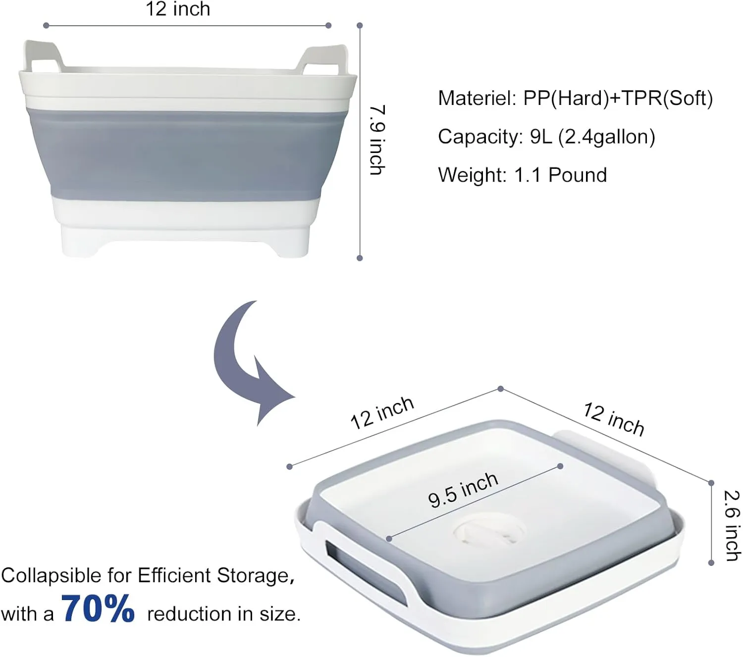 Collapsible Dish Tub 2X9L-Collapsible Basin Bucket Portable Sink-Outdoor Multiuse Foldable Sink Tub Wash Dish Basin for Kitchen Basin RV Camping (Grey Grey)