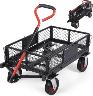 Collapsible Foldable Steel Garden Cart 360lbs, Heavy Duty Folding Utility Wagon Cart w Removable Mesh Sides, All-Terrain Wheels & 180° Rotating Handle for Camping Shopping