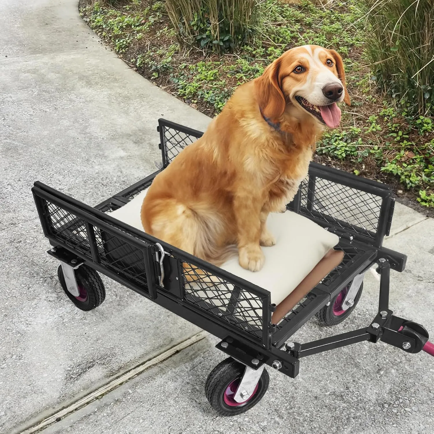 Collapsible Foldable Steel Garden Cart 360lbs, Heavy Duty Folding Utility Wagon Cart w Removable Mesh Sides, All-Terrain Wheels & 180° Rotating Handle for Camping Shopping
