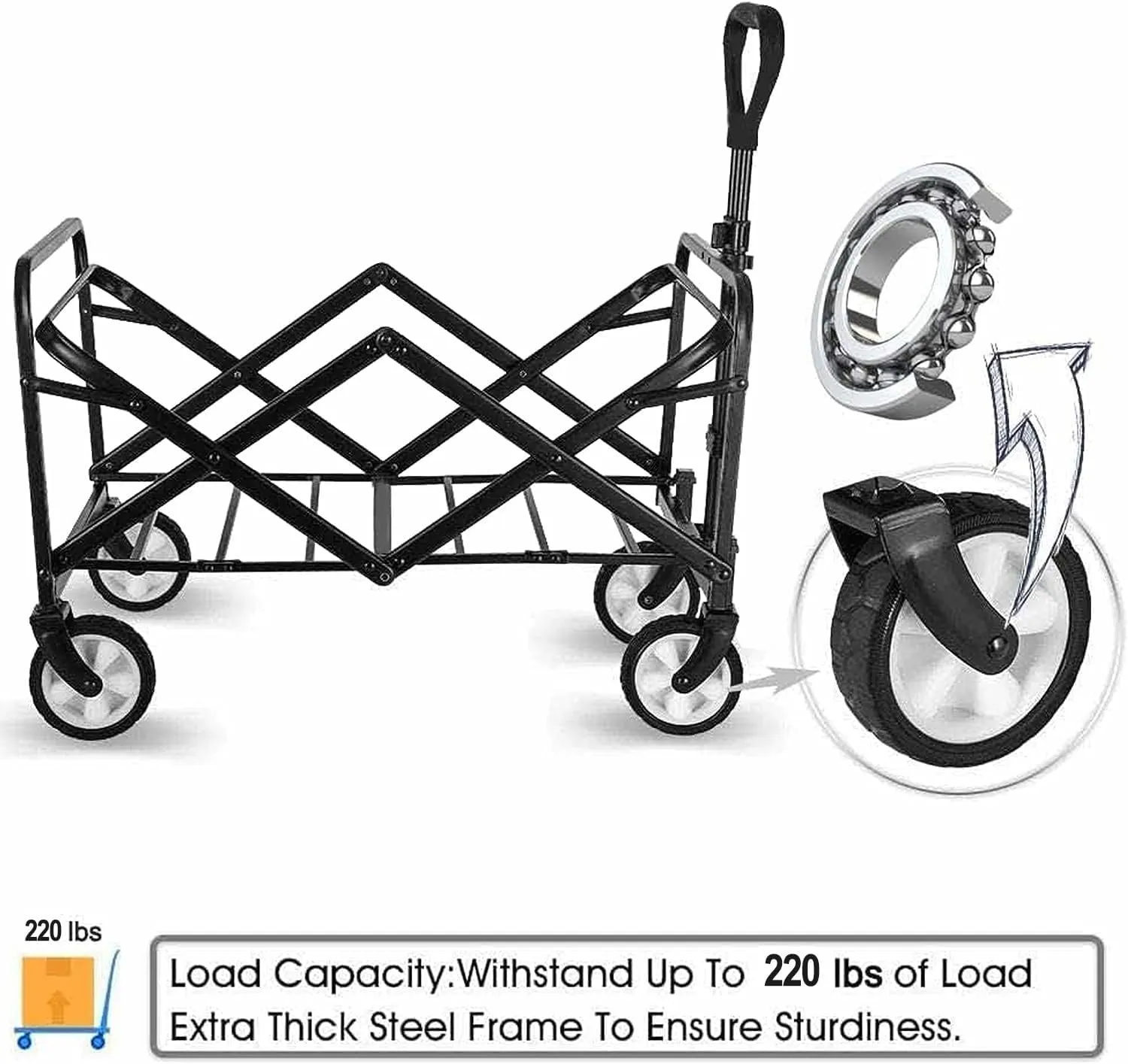 Collapsible Foldable Wagon, Beach Cart Large Capacity, Heavy Duty Folding, Collapsible Wagon for Sports, Shopping, Camping (Black)