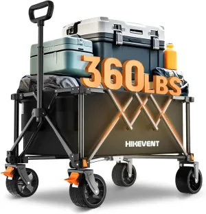 Collapsible Wagon Cart, 360LBS Heavy Duty Foldable Beach Wagon with Wider Wheels, Utility Grocery Shopping Cart for Garden, Camping, Sports, Black