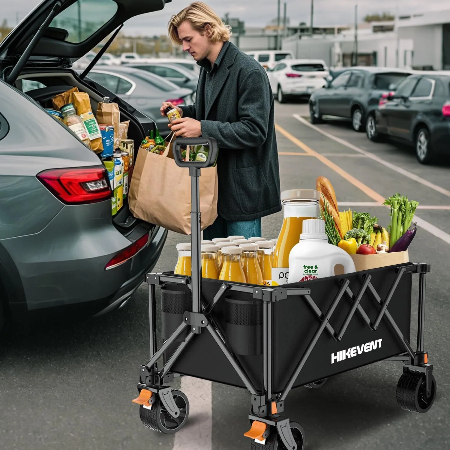 Collapsible Wagon Cart, 360LBS Heavy Duty Foldable Beach Wagon with Wider Wheels, Utility Grocery Shopping Cart for Garden, Camping, Sports, Black