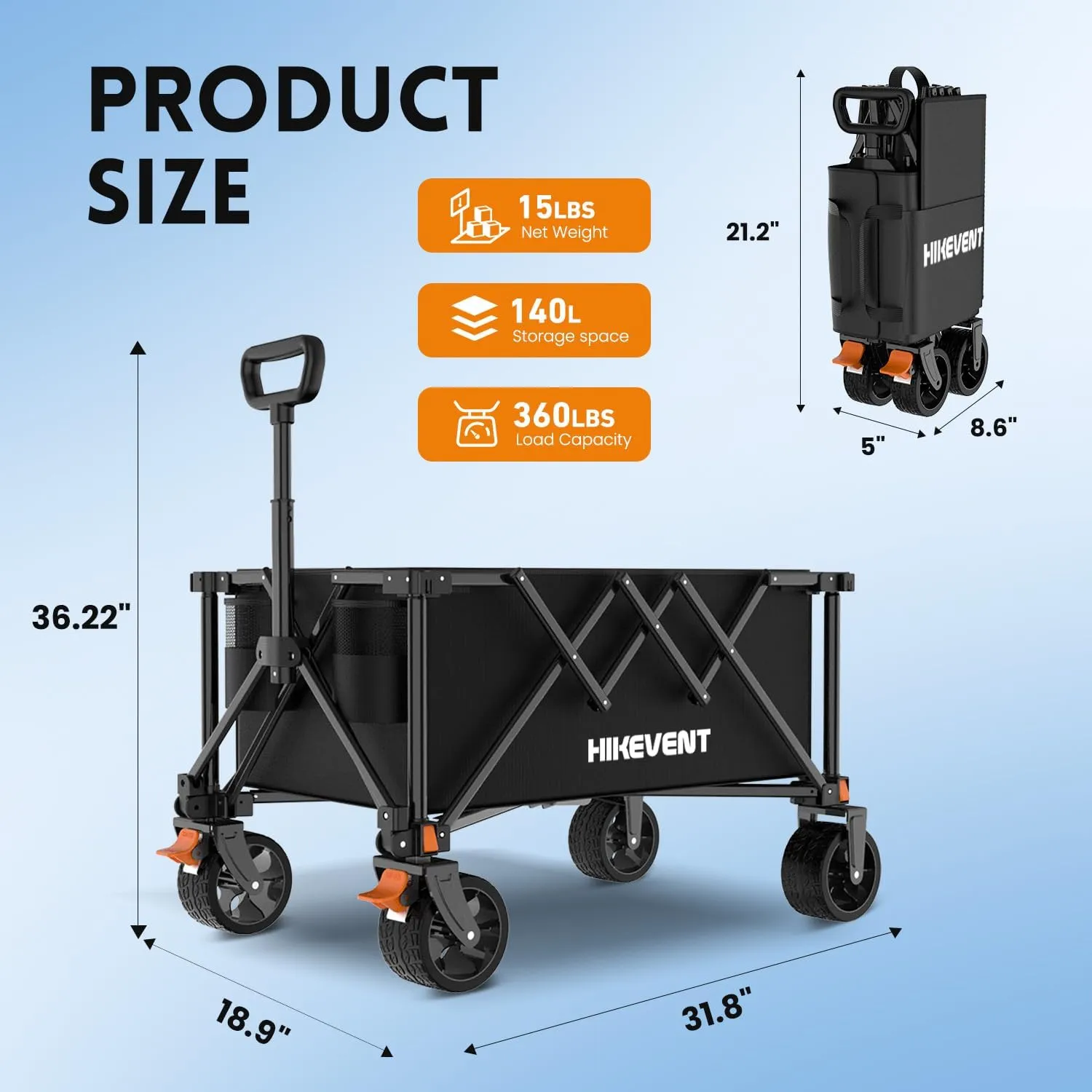 Collapsible Wagon Cart, 360LBS Heavy Duty Foldable Beach Wagon with Wider Wheels, Utility Grocery Shopping Cart for Garden, Camping, Sports, Black