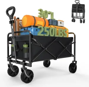 Collapsible Wagon Cart Foldable, 30" L Folding Beach Wagon with All-Terrain Wheels, Shopping Cart with 250lbs Capacity, Portable Camping Wagons Carts for Grocery Garden and Sports, Black
