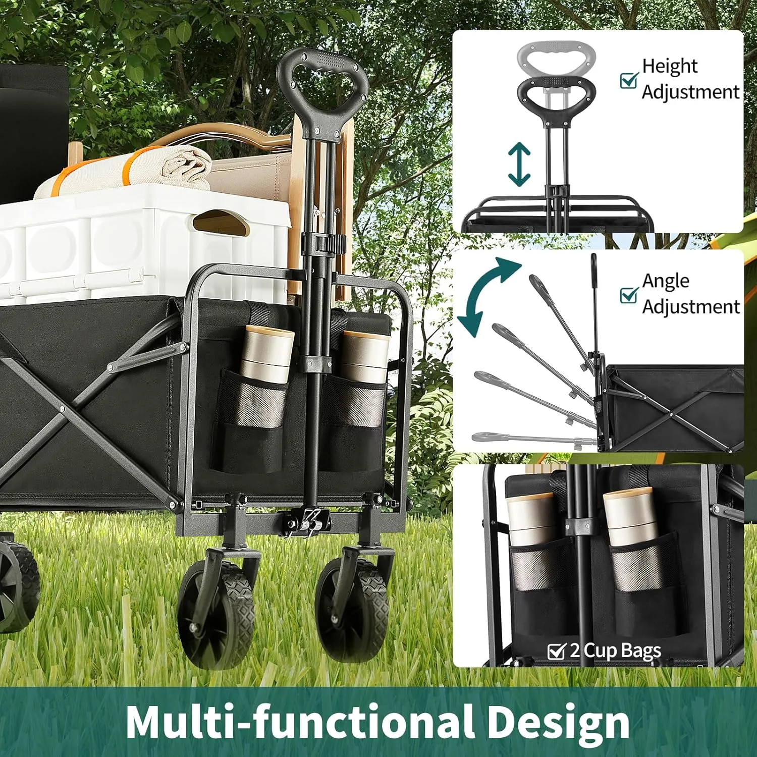 Collapsible Wagon Cart Foldable, 30" L Folding Beach Wagon with All-Terrain Wheels, Shopping Cart with 250lbs Capacity, Portable Camping Wagons Carts for Grocery Garden and Sports, Black