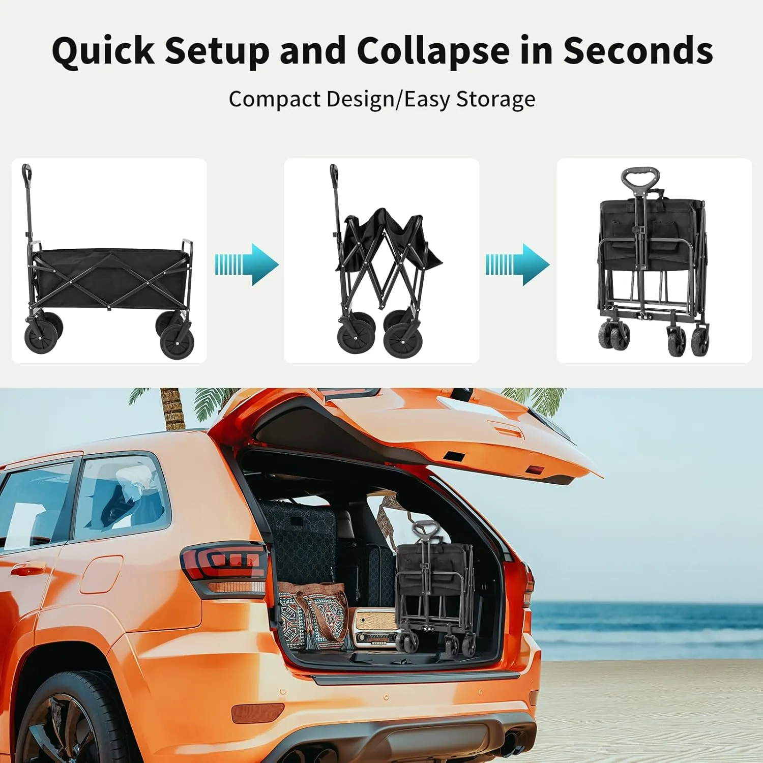 Collapsible Wagon Cart Foldable, 30" L Folding Beach Wagon with All-Terrain Wheels, Shopping Cart with 250lbs Capacity, Portable Camping Wagons Carts for Grocery Garden and Sports, Black