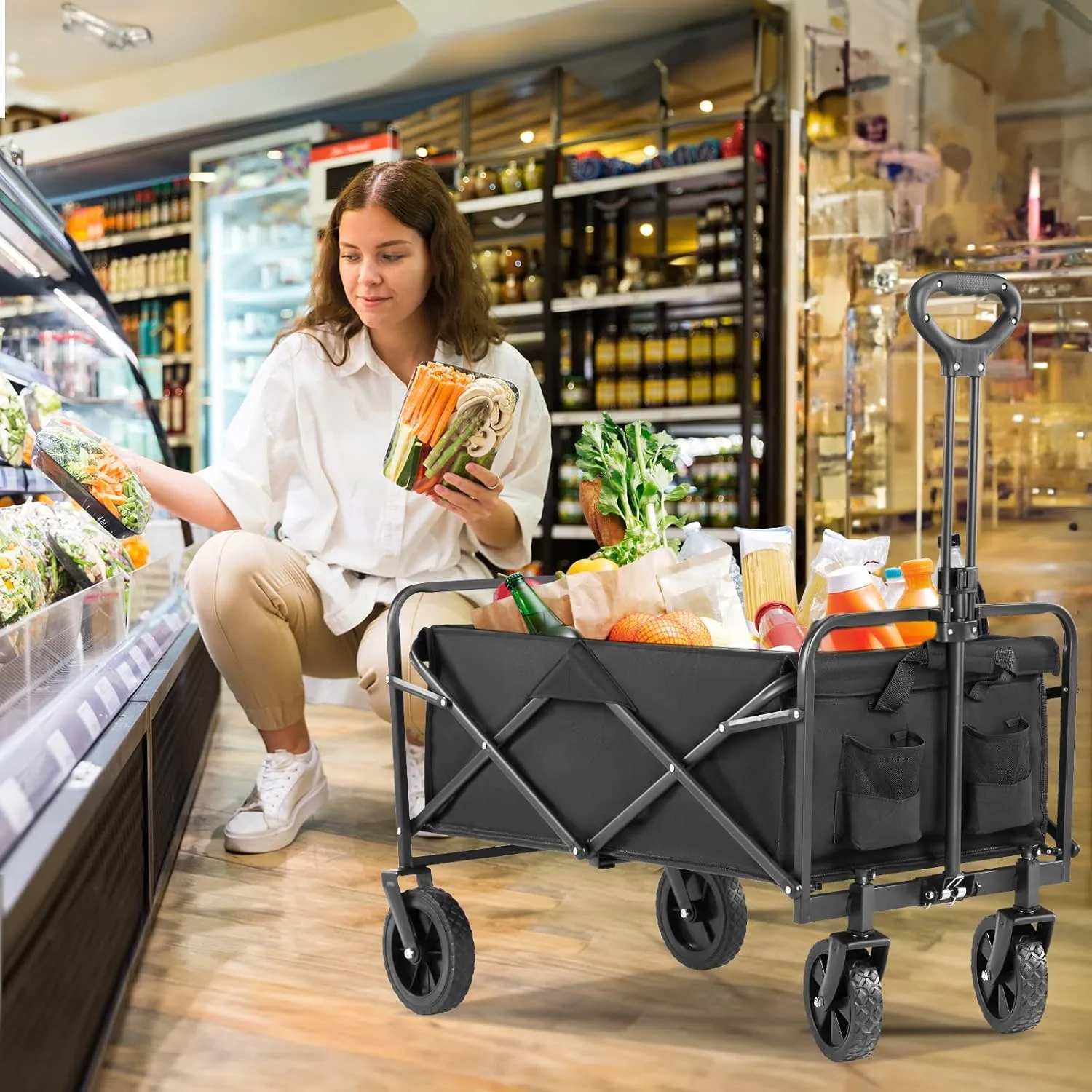 Collapsible Wagon Cart Foldable, 30" L Folding Beach Wagon with All-Terrain Wheels, Shopping Cart with 250lbs Capacity, Portable Camping Wagons Carts for Grocery Garden and Sports, Black