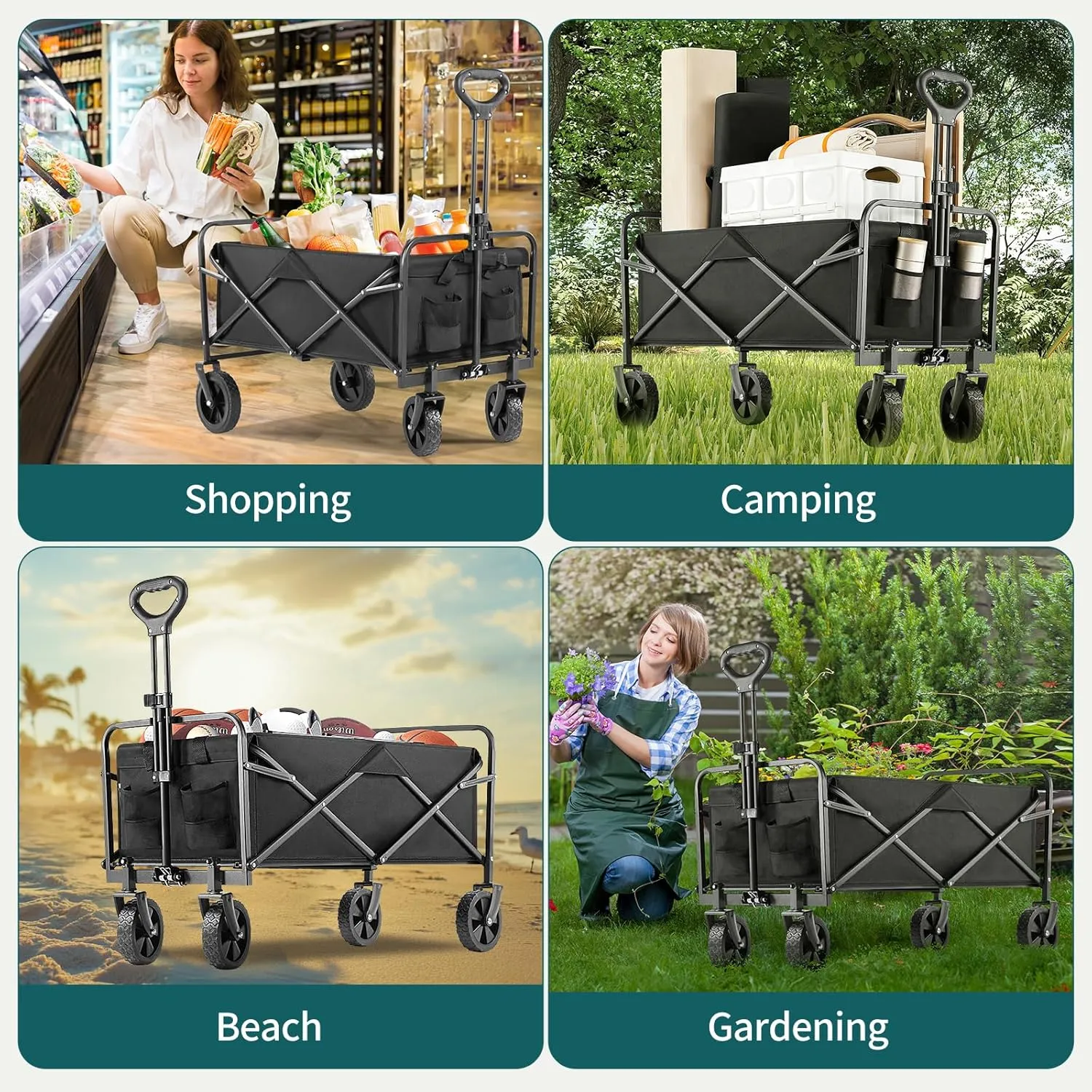 Collapsible Wagon Cart Foldable, 30" L Folding Beach Wagon with All-Terrain Wheels, Shopping Cart with 250lbs Capacity, Portable Camping Wagons Carts for Grocery Garden and Sports, Black