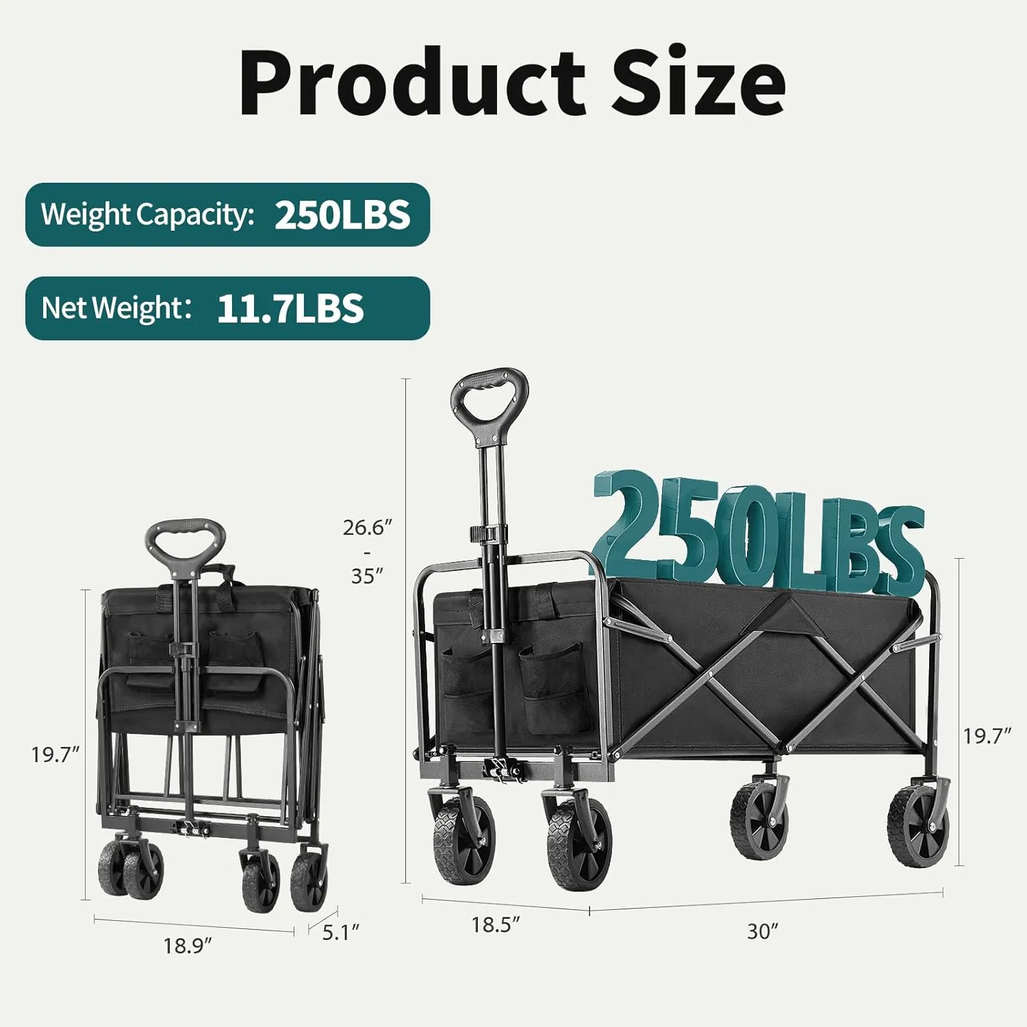 Collapsible Wagon Cart Foldable, 30" L Folding Beach Wagon with All-Terrain Wheels, Shopping Cart with 250lbs Capacity, Portable Camping Wagons Carts for Grocery Garden and Sports, Black