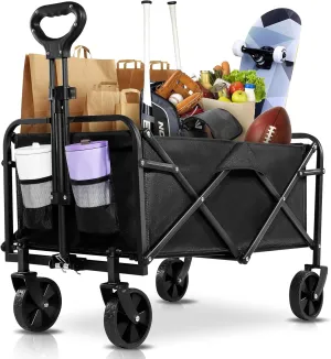 Collapsible Wagon Cart Foldable, Portable Heavy Duty Collapsible Beach Cart All Terrain with Large Capacity, Garden Wagons with Wheels for Shopping, Sports, Camping，Garden，Grocery - Black