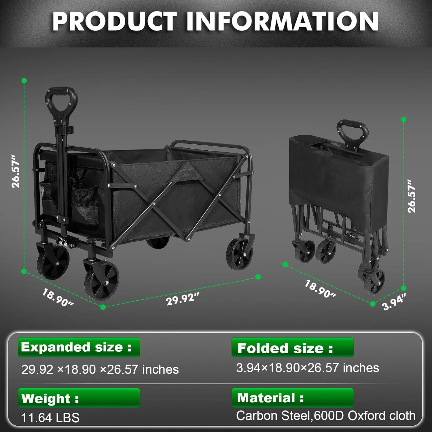 Collapsible Wagon Cart Foldable, Portable Heavy Duty Collapsible Beach Cart All Terrain with Large Capacity, Garden Wagons with Wheels for Shopping, Sports, Camping，Garden，Grocery - Black