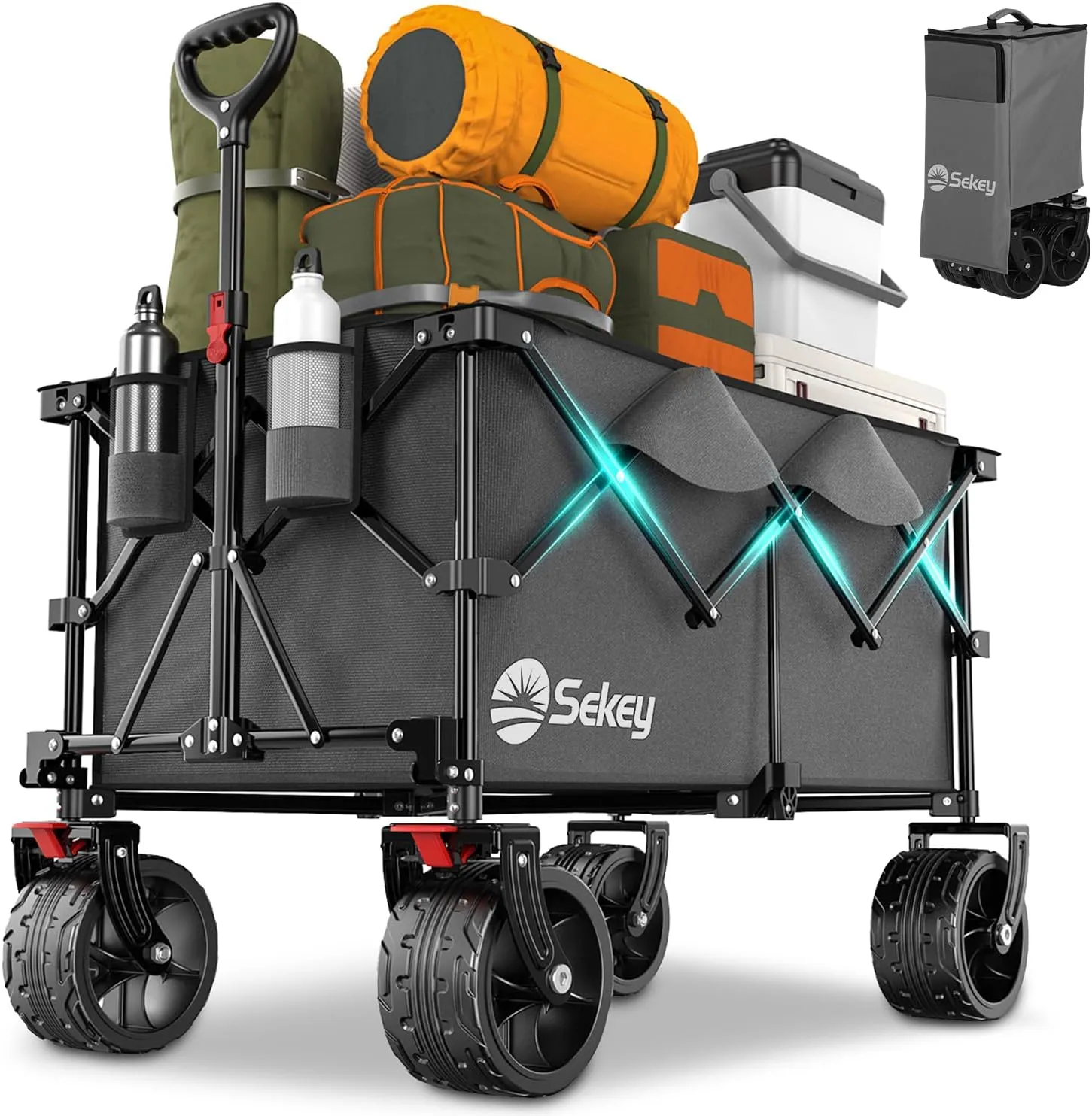 Collapsible Wagon Cart with Big All-Terrain Beach Wheels, Foldable Heavy Duty Wagons with Cup Holders, Utility Carts for Camping, Garden, Outdoor, Grocery, Sports. Gray