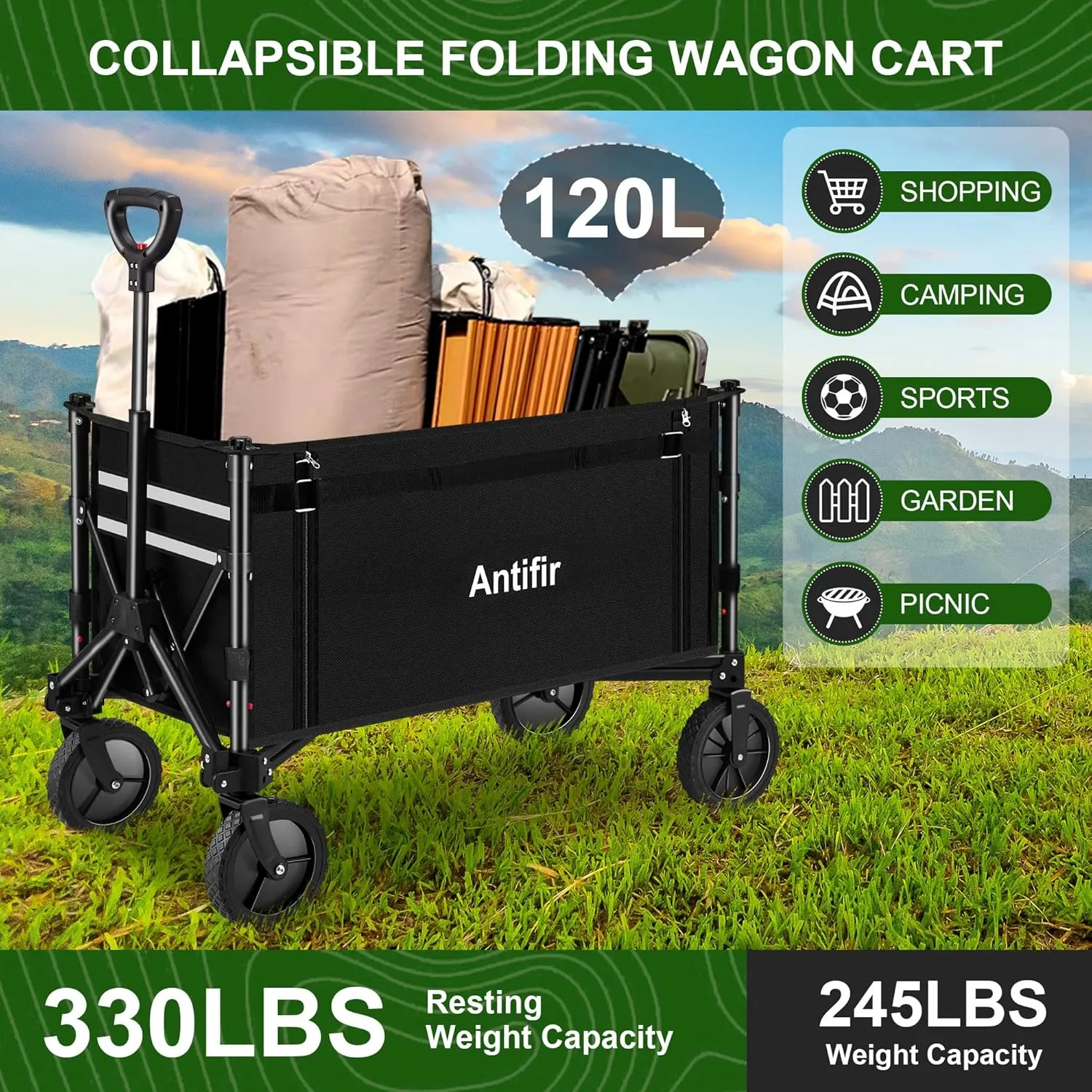 Collapsible Wagon Carts,Folding Wagon Cart with All Terrain Wheels,Heavy Duty Garden Carts with Adjustable Handle,Outdoor Utility Wagon for Camping Shopping Sports Fishing (Black)