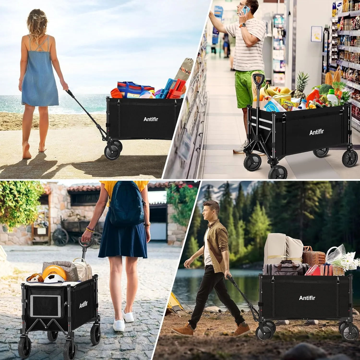 Collapsible Wagon Carts,Folding Wagon Cart with All Terrain Wheels,Heavy Duty Garden Carts with Adjustable Handle,Outdoor Utility Wagon for Camping Shopping Sports Fishing (Black)