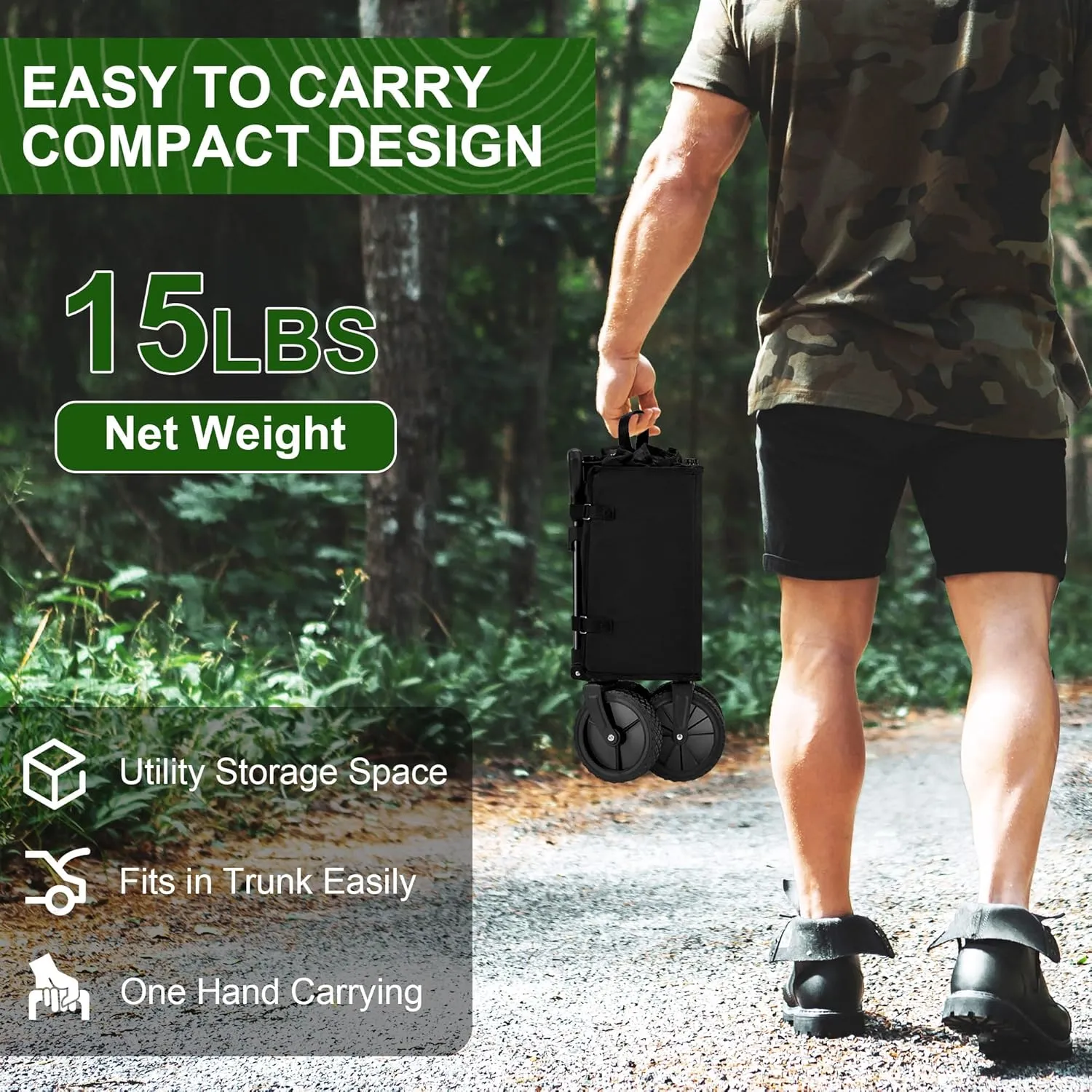 Collapsible Wagon Carts,Folding Wagon Cart with All Terrain Wheels,Heavy Duty Garden Carts with Adjustable Handle,Outdoor Utility Wagon for Camping Shopping Sports Fishing (Black)