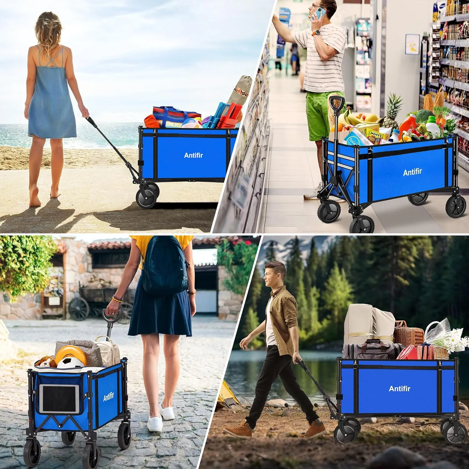 Collapsible Wagon Carts,Folding Wagon Cart with All Terrain Wheels,Heavy Duty Garden Carts with Adjustable Handle,Outdoor Utility Wagon for Camping Shopping Sports Fishing（Blue）