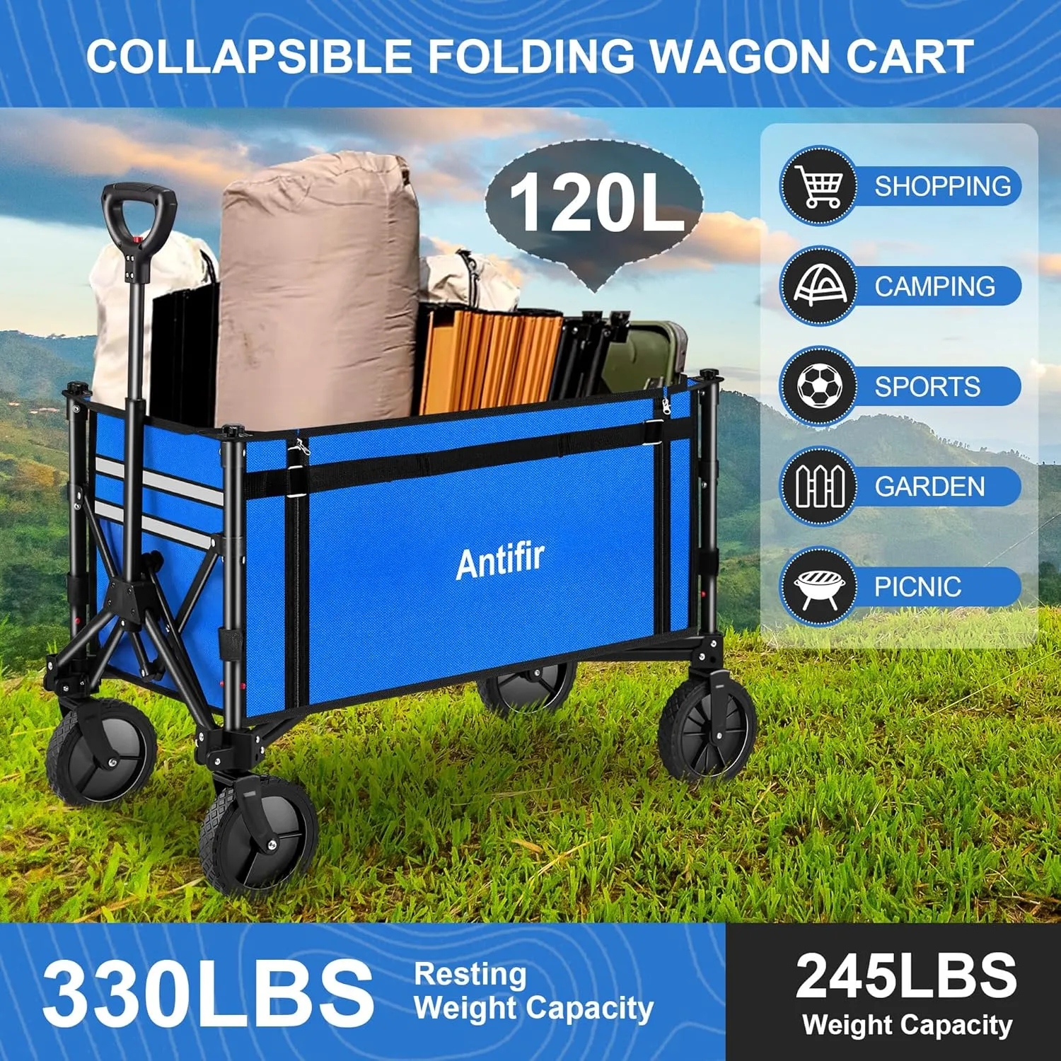 Collapsible Wagon Carts,Folding Wagon Cart with All Terrain Wheels,Heavy Duty Garden Carts with Adjustable Handle,Outdoor Utility Wagon for Camping Shopping Sports Fishing（Blue）