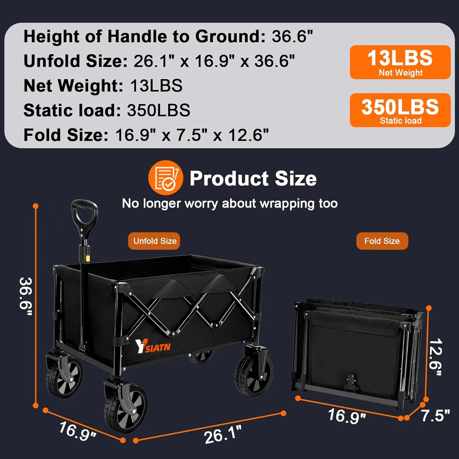Collapsible Wagon with All Terrain Wheels, Large Grocery Cart On Wheels, 220LBS Utility Folding Wagon for Camping Shopping Beach Sports Fishing, Black