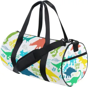Colorful Forest Dinosaurs on White Duffel Bag, Foldable Canvas Travel Tote for Gym Sports with Inner Pockets, Durable Lightweight Fitness Bag for Overnight Workout