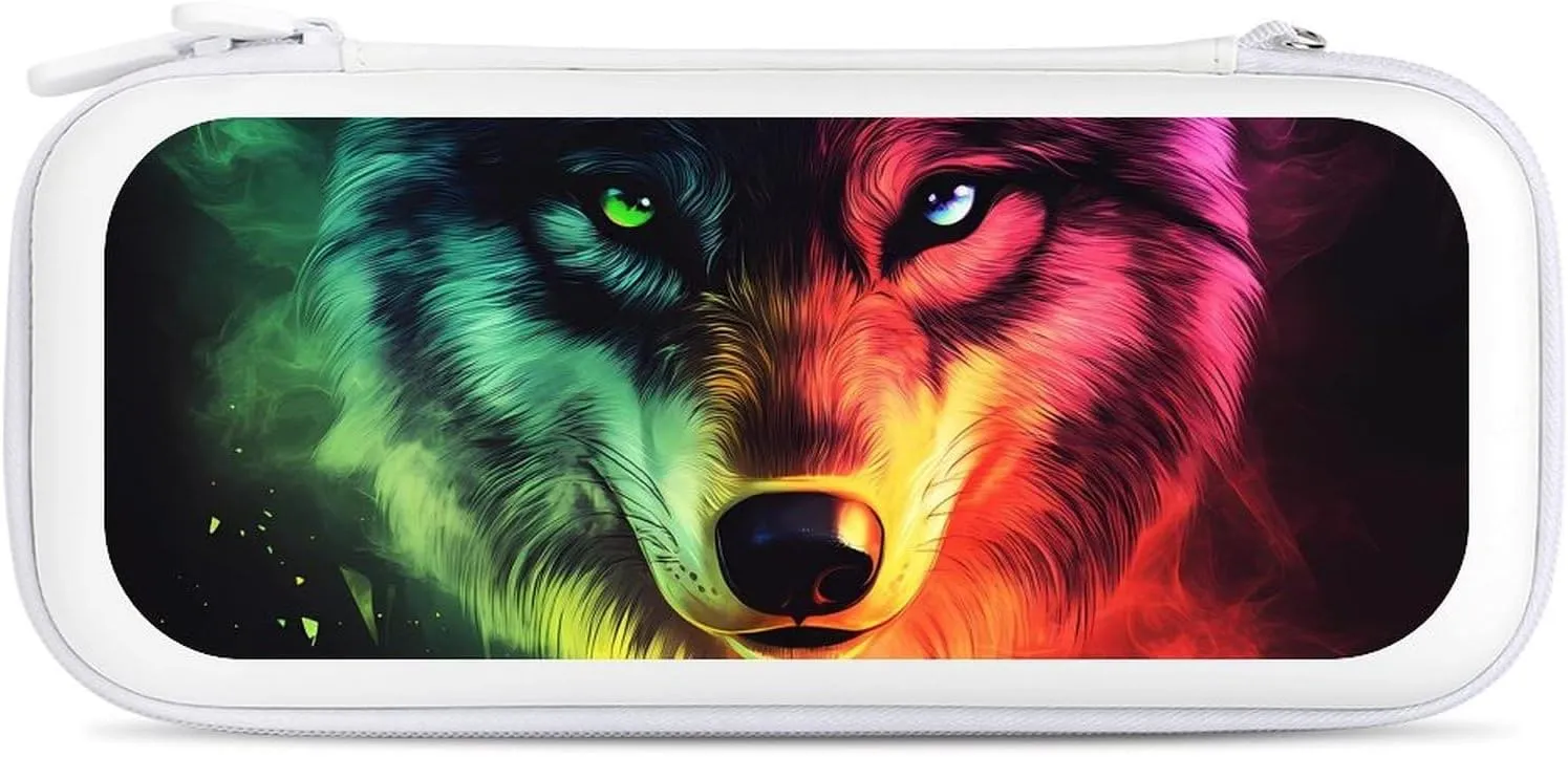 Colorful Wolf Face Compatible with Switch Carrying Case Hard Travel Game Bag Pouch with 15 Games Accessories