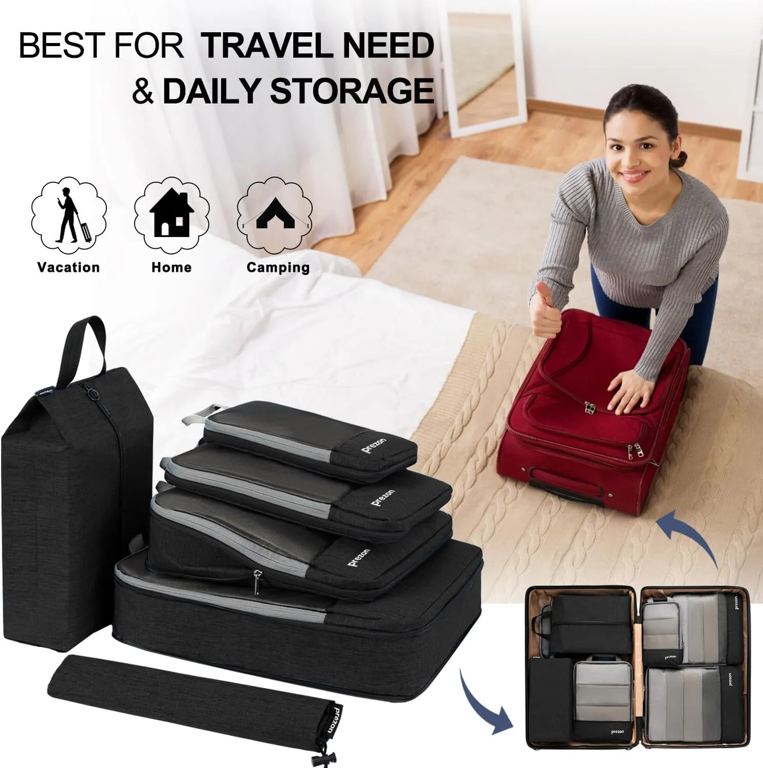 Compression Packing Cubes, Extensible Suitcase Organiser, Packing Organisers for Suitcases, Packing Cubes for Travel or Home Storage（6Set-Black）