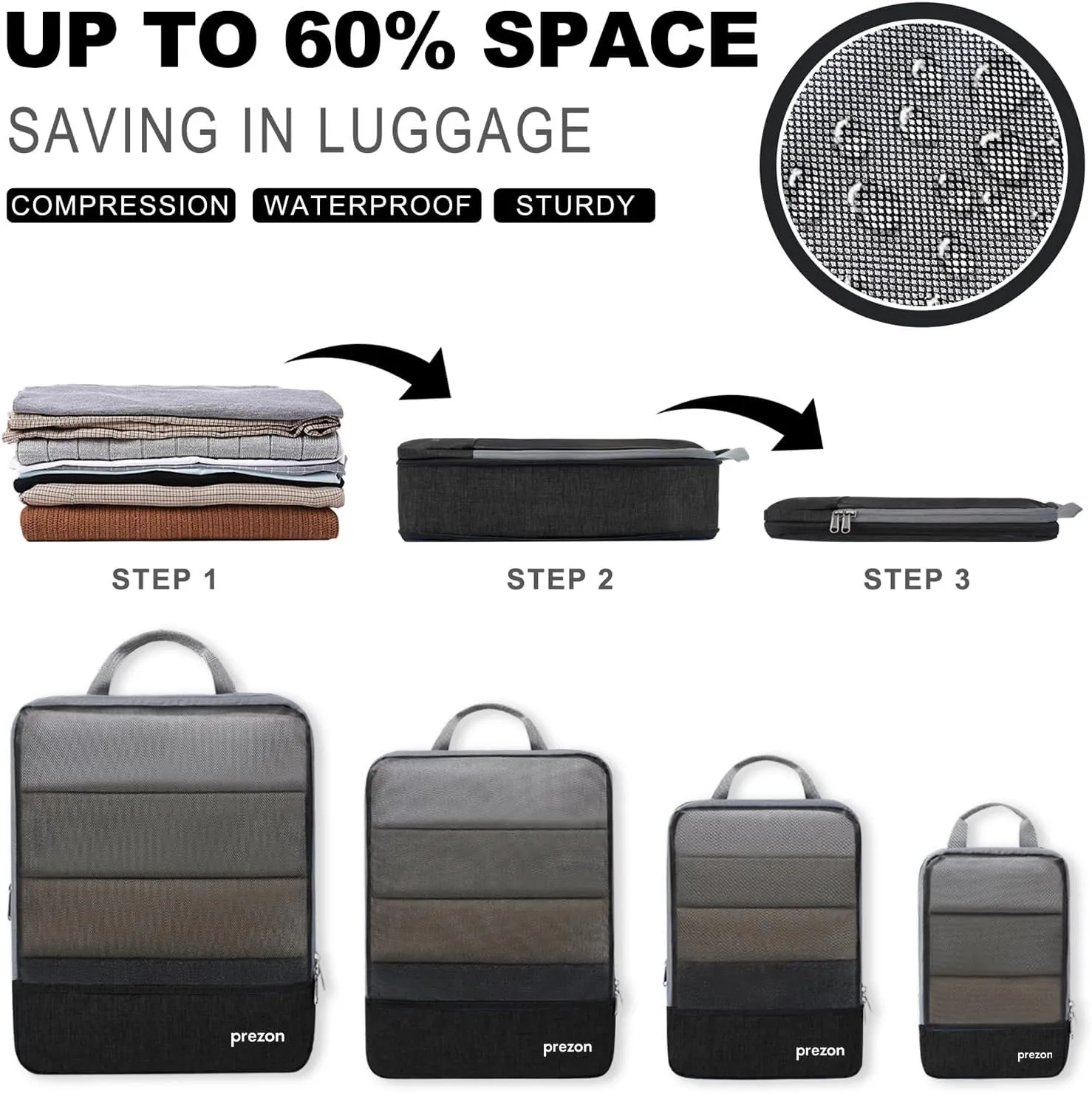 Compression Packing Cubes, Extensible Suitcase Organiser, Packing Organisers for Suitcases, Packing Cubes for Travel or Home Storage（6Set-Black）