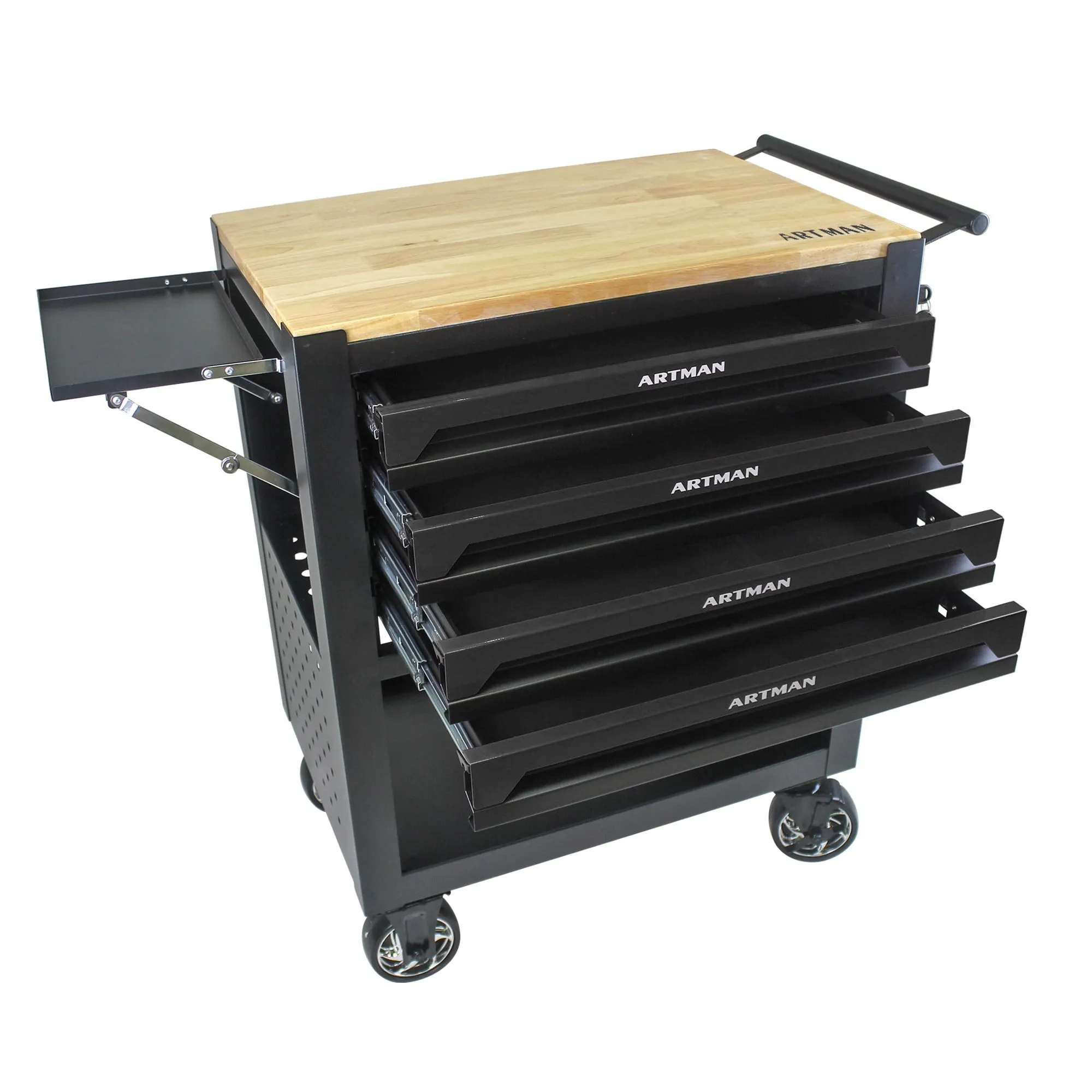 COOKCOK 4 Drawers Multifunctional Tool Cart With Wheels And Wooden Top, 30.30"L x 17.90"W x 35.40"H, Black
