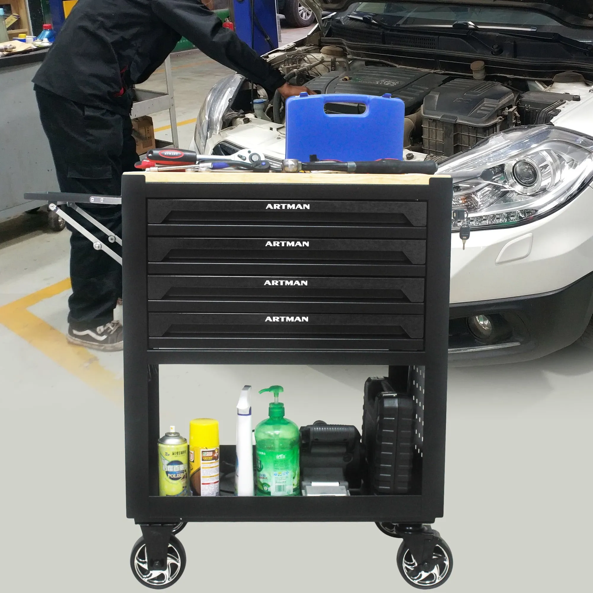 COOKCOK 4 Drawers Multifunctional Tool Cart With Wheels And Wooden Top, 30.30"L x 17.90"W x 35.40"H, Black
