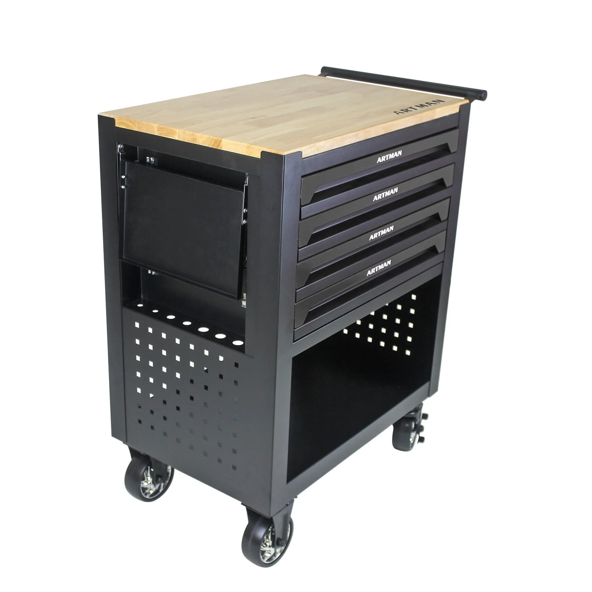 COOKCOK 4 Drawers Multifunctional Tool Cart With Wheels And Wooden Top, 30.30"L x 17.90"W x 35.40"H, Black