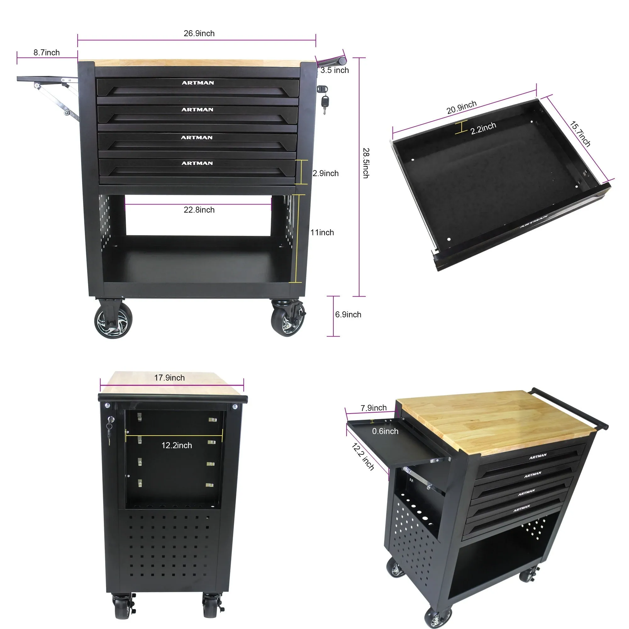 COOKCOK 4 Drawers Multifunctional Tool Cart With Wheels And Wooden Top, 30.30"L x 17.90"W x 35.40"H, Black