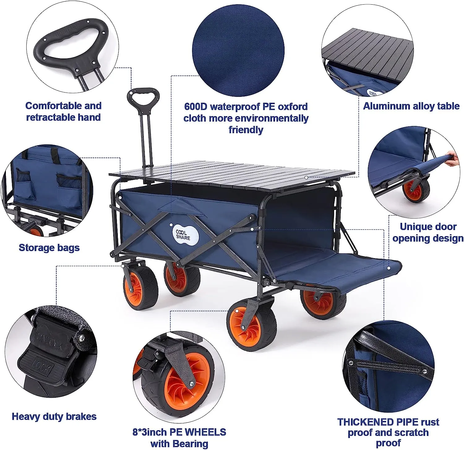 CoolShare Collapsible Wagon with Big Wheels,Portable Folding Beach Wagon Cart with 330Lbs Capacity,Heacy Duty Utility Foldable Wagon Cart with Aluminum Table and Gate Open Desgin for Camping,Garden