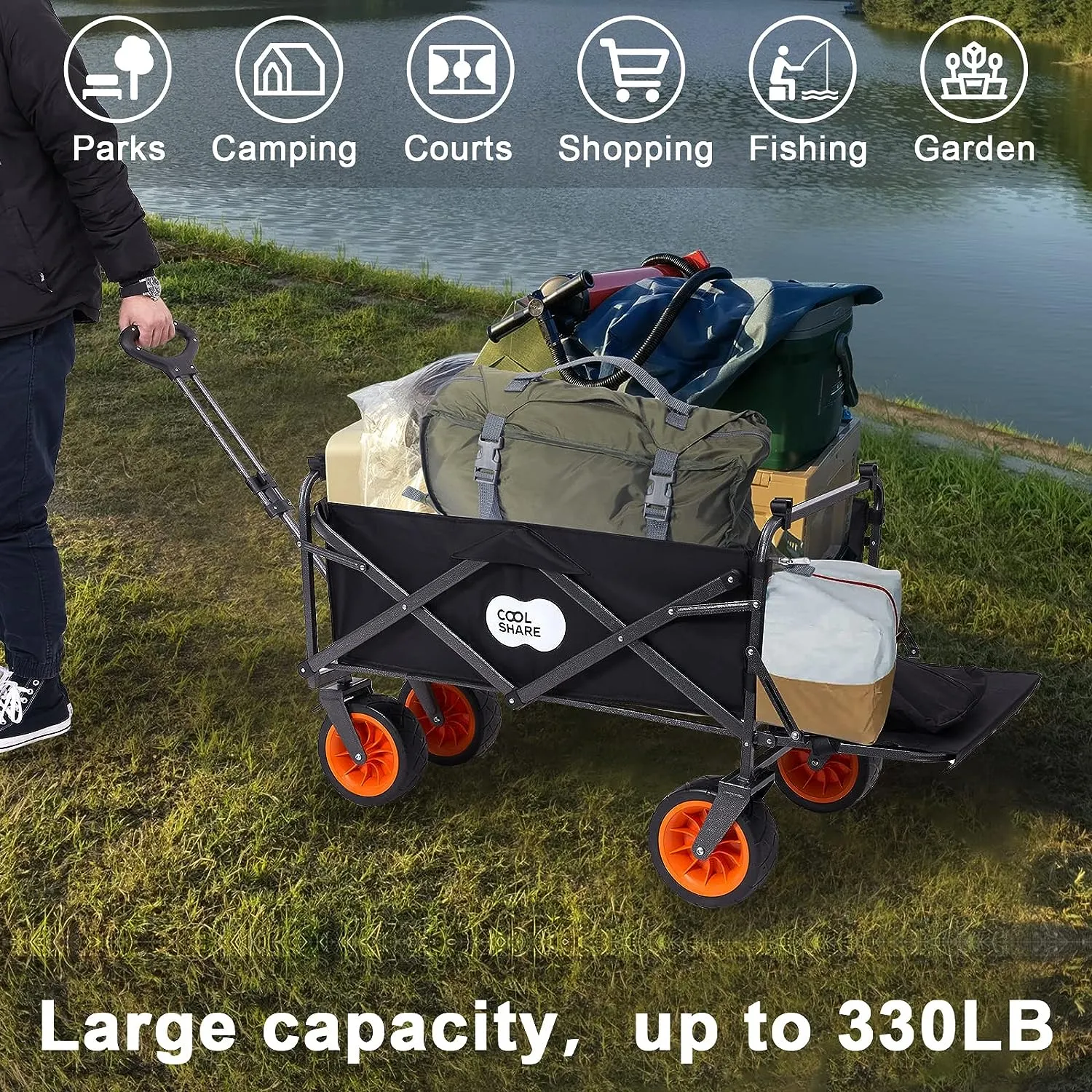 CoolShare Collapsible Wagon with Big Wheels,Portable Folding Beach Wagon Cart with 330Lbs Capacity,Heacy Duty Utility Foldable Wagon Cart with Aluminum Table and Gate Open Desgin for Camping,Garden