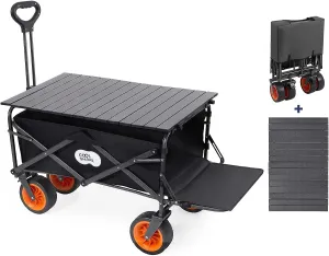 CoolShare Collapsible Wagon with Big Wheels,Portable Folding Beach Wagon Cart with 330Lbs Capacity,Heacy Duty Utility Foldable Wagon Cart with Aluminum Table and Gate Open Desgin for Camping,Garden
