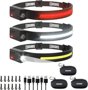 COSOOS LED Headlamp Rechargeable 3PCS with Cases, White & Red Light, Motion Sensor, Hardhat Clips, 230° Wide Beam Head Lamp for Adults, Head Light Flashlight for Hiking Camping Accessories