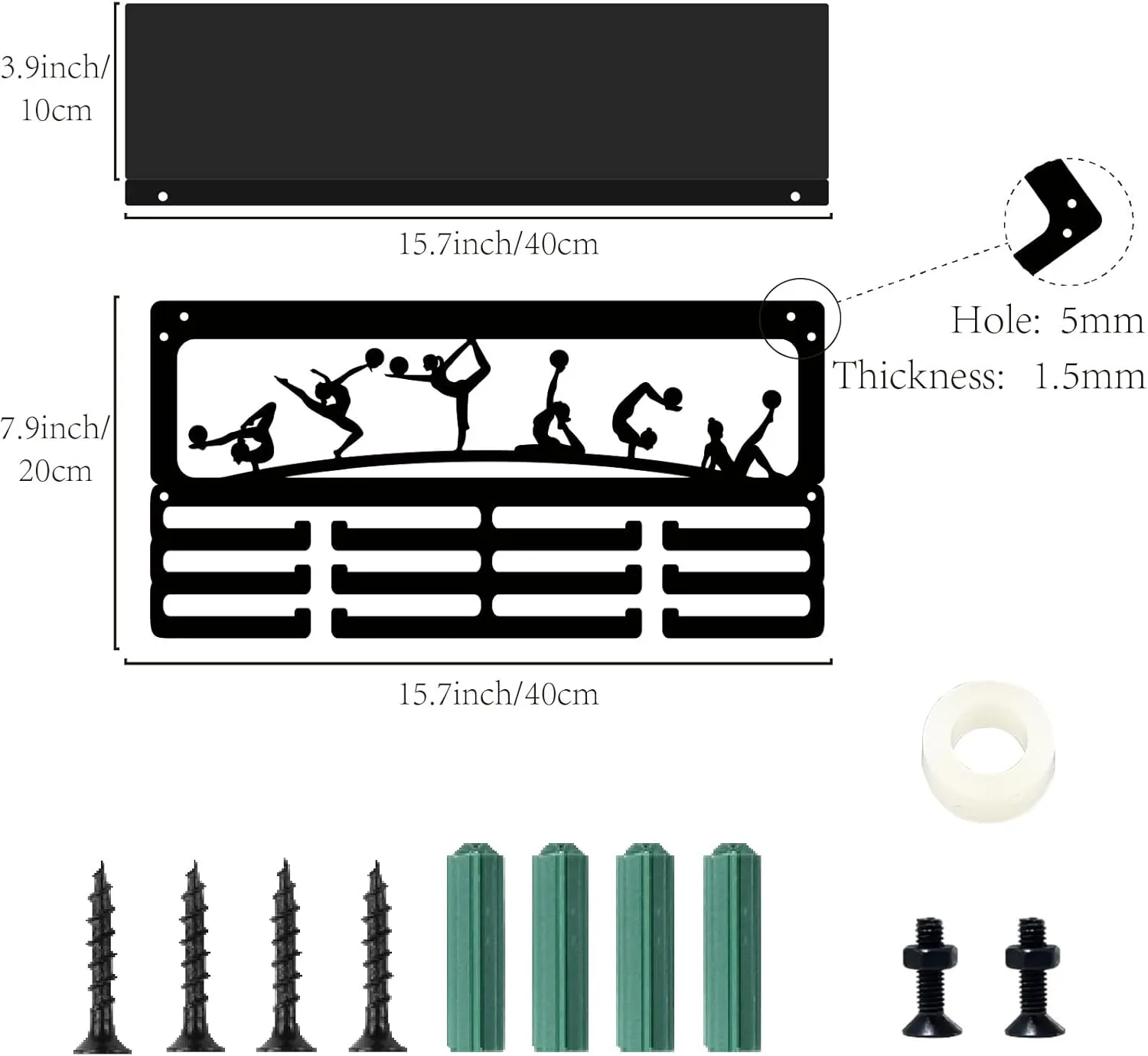 CREATCABIN Gymnastics Medal Holder Trophy Shelf Display with 12 Hooks Artistic Figure Sports Metal Medal Hanger for Wall Mount Hold 60  Sports Medals Awards Ribbons Display Rack with Shelf 15.7x8x4in