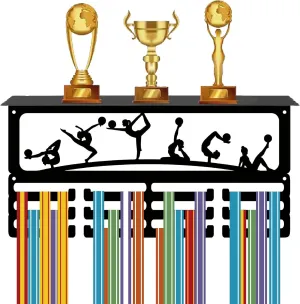 CREATCABIN Gymnastics Medal Holder Trophy Shelf Display with 12 Hooks Artistic Figure Sports Metal Medal Hanger for Wall Mount Hold 60  Sports Medals Awards Ribbons Display Rack with Shelf 15.7x8x4in